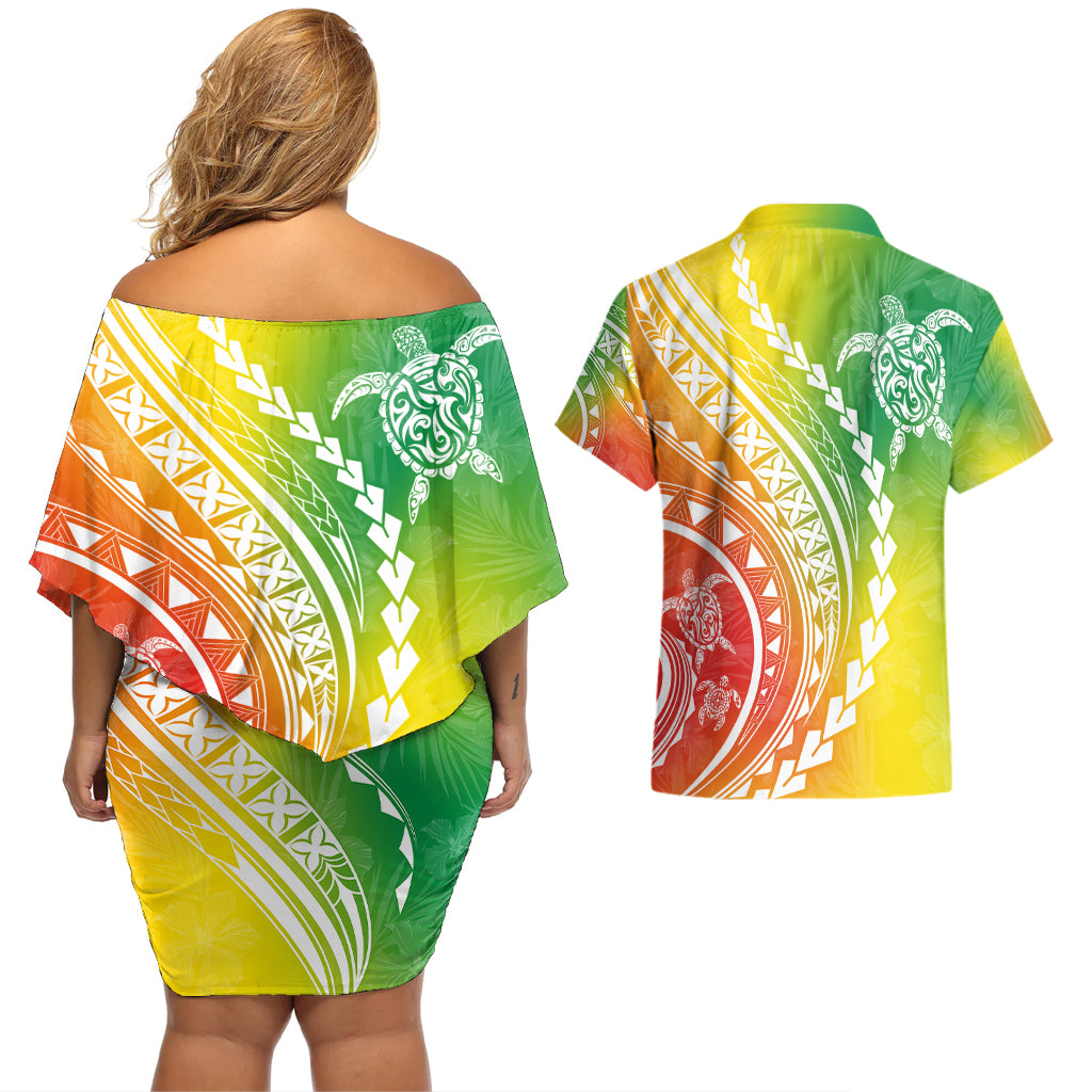 Polynesian Pride Couples Matching Off Shoulder Short Dress and Hawaiian Shirt Turtle Hibiscus Luxury Style - Reggae LT7 - Polynesian Pride