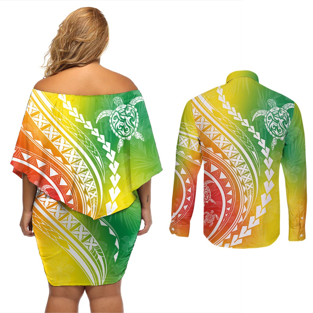 Polynesian Pride Couples Matching Off Shoulder Short Dress and Long Sleeve Button Shirts Turtle Hibiscus Luxury Style - Reggae LT7 - Polynesian Pride