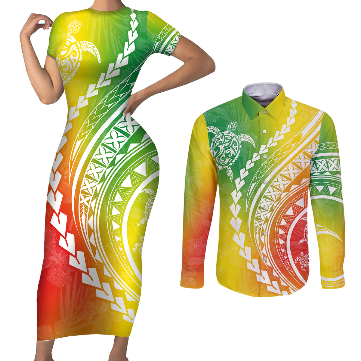 Polynesian Pride Couples Matching Short Sleeve Bodycon Dress and Long Sleeve Button Shirts Turtle Hibiscus Luxury Style - Reggae LT7 Reggae - Polynesian Pride