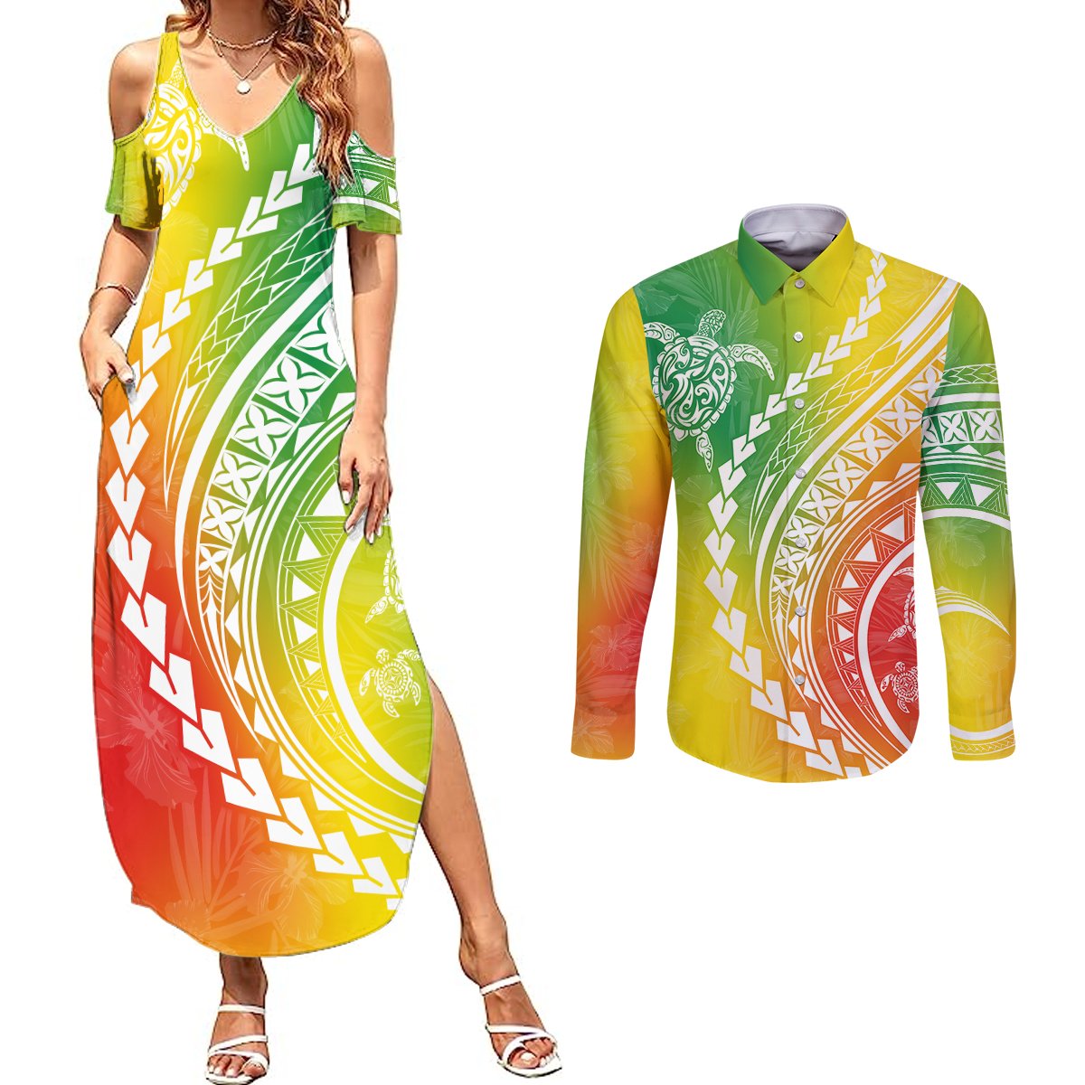 Polynesian Pride Couples Matching Summer Maxi Dress and Long Sleeve Button Shirts Turtle Hibiscus Luxury Style - Reggae LT7 Reggae - Polynesian Pride