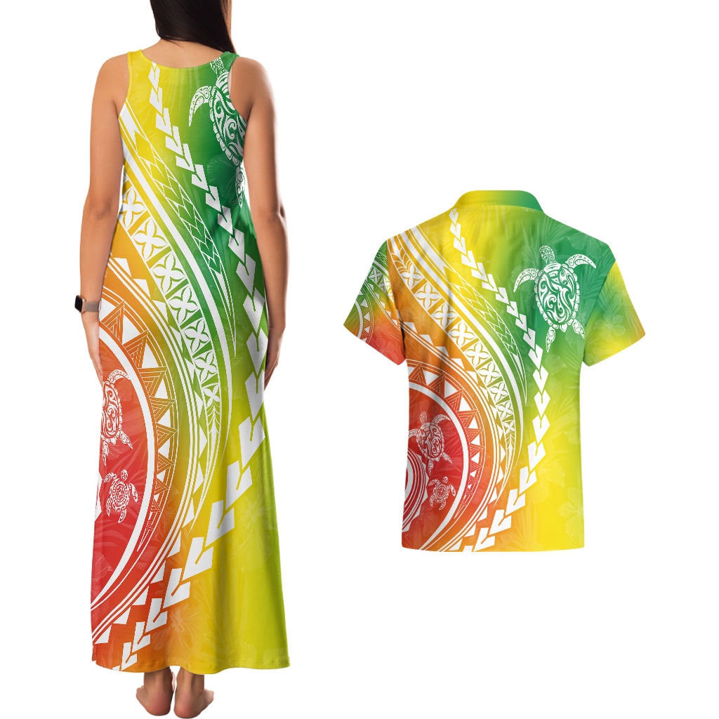 Polynesian Pride Couples Matching Tank Maxi Dress and Hawaiian Shirt Turtle Hibiscus Luxury Style - Reggae LT7 - Polynesian Pride