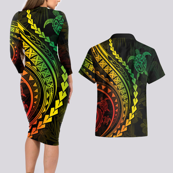 Hawaii Matching Outfit For Family Polynesian Tribal Turtle Bodycon Dress And Hawaii Shirt main image 0