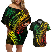 Polynesian Pride Couples Matching Off Shoulder Short Dress and Hawaiian Shirt Turtle Hibiscus Luxury Style - Reggae Ver2 LT7 Reggae - Polynesian Pride