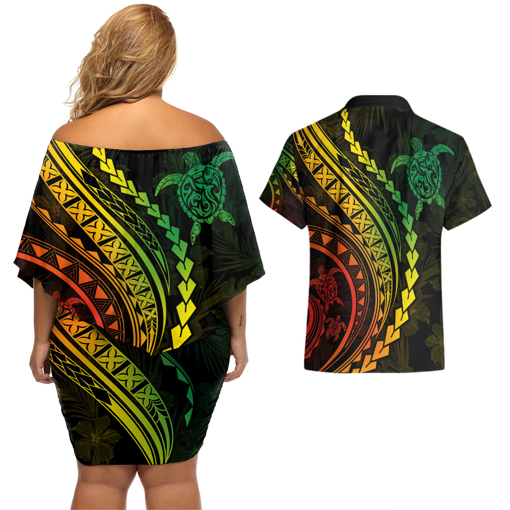Polynesian Pride Couples Matching Off Shoulder Short Dress and Hawaiian Shirt Turtle Hibiscus Luxury Style - Reggae Ver2 LT7 - Polynesian Pride