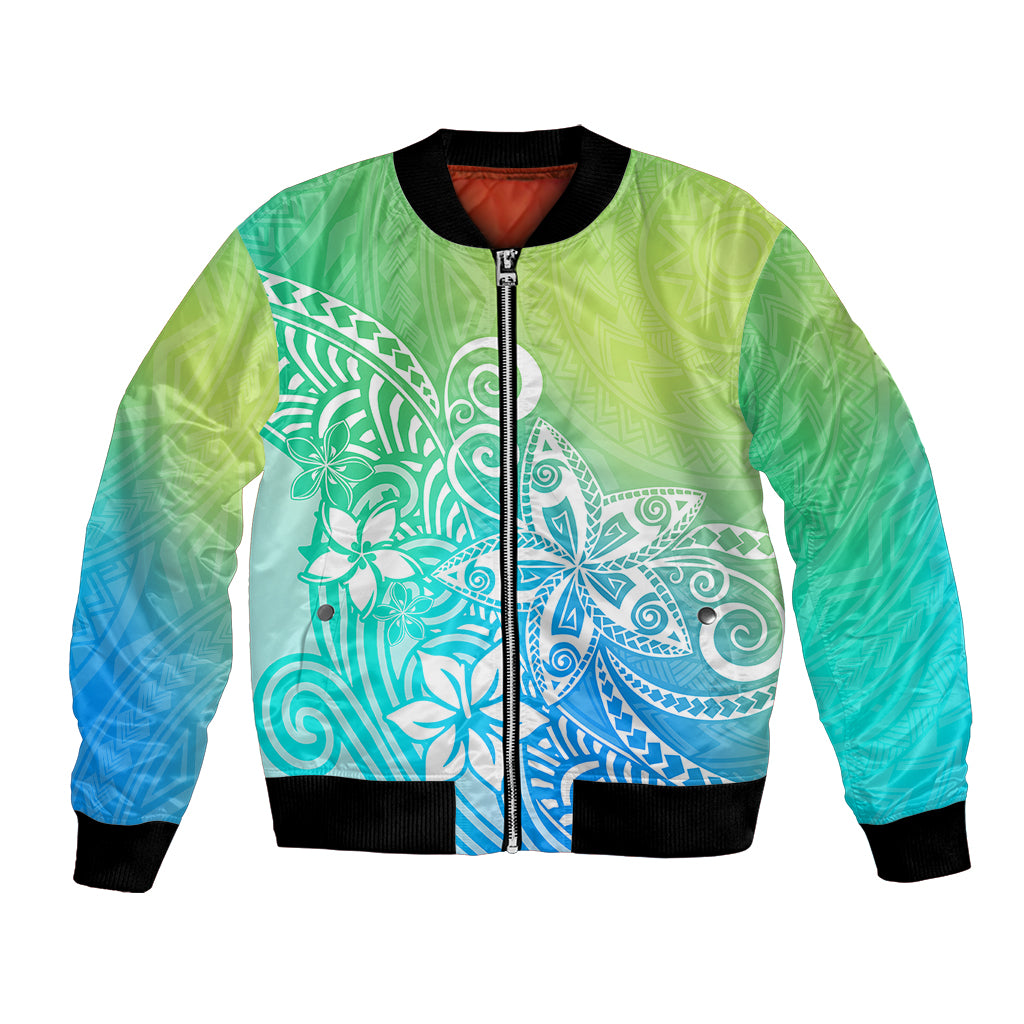 Polynesia Bomber Jacket Plumeria Blue Gradient Curves LT7 Unisex Blue Green - Polynesian Pride