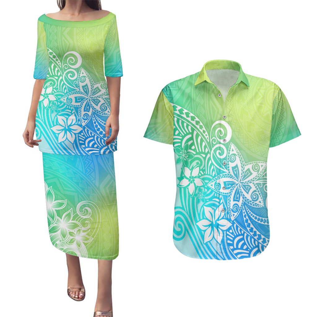 Polynesia Couples Matching Puletasi Dress and Hawaiian Shirt Plumeria Blue Gradient Curves LT7 Blue Green - Polynesian Pride