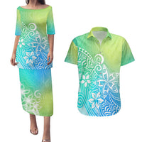 Polynesia Couples Matching Puletasi Dress and Hawaiian Shirt Plumeria Blue Gradient Curves LT7 Blue Green - Polynesian Pride