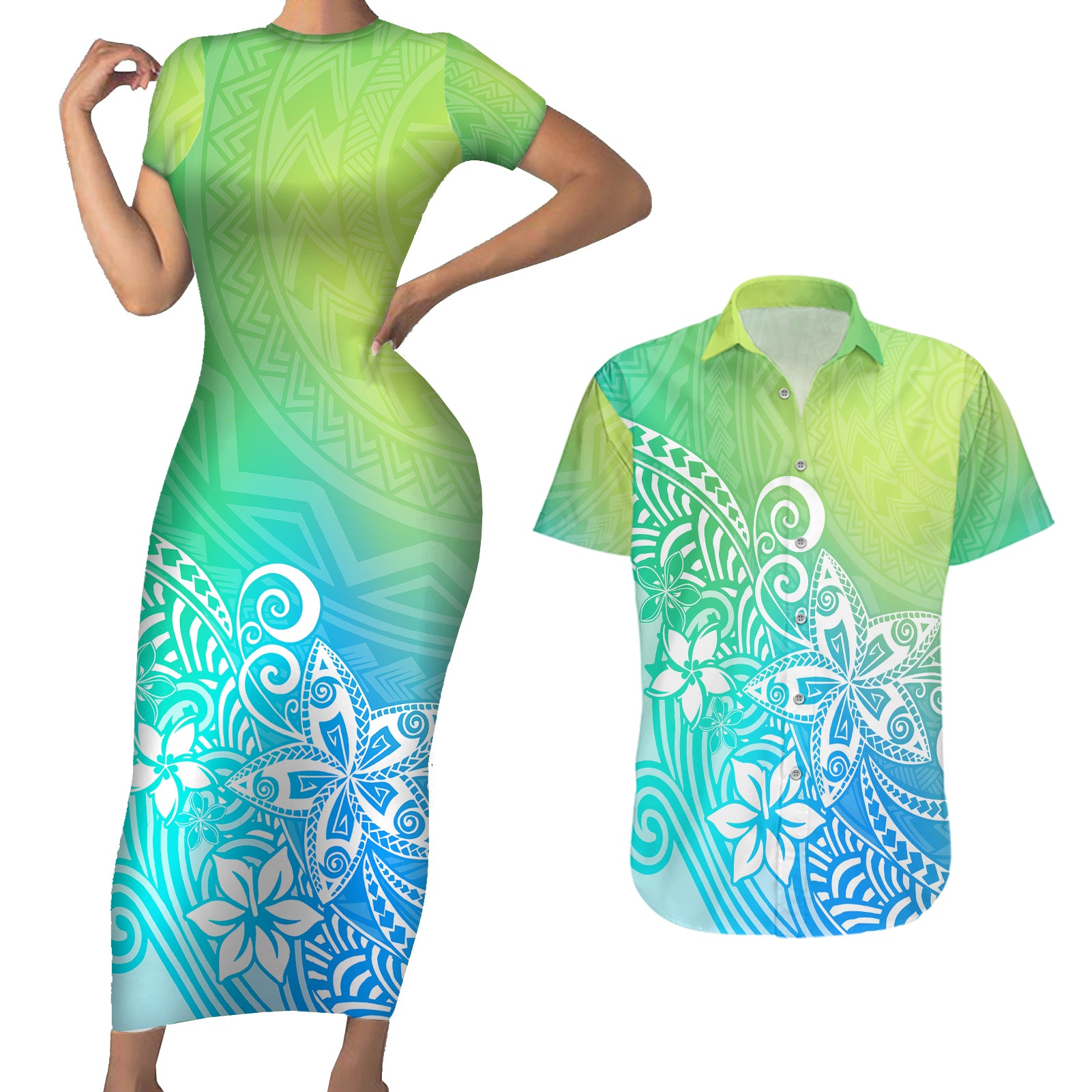 Polynesia Couples Matching Short Sleeve Bodycon Dress and Hawaiian Shirt Plumeria Blue Gradient Curves LT7 Blue Green - Polynesian Pride