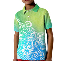 Polynesia Kid Polo Shirt Plumeria Blue Gradient Curves LT7 Kid Blue Green - Polynesian Pride