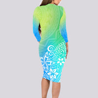 Polynesia Long Sleeve Bodycon Dress Plumeria Blue Gradient Curves LT7 - Polynesian Pride