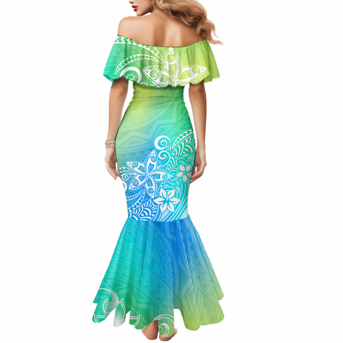 Polynesia Mermaid Dress Plumeria Blue Gradient Curves LT7 - Polynesian Pride