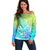 Polynesia Off Shoulder Sweater Plumeria Blue Gradient Curves LT7 Women Blue Green - Polynesian Pride