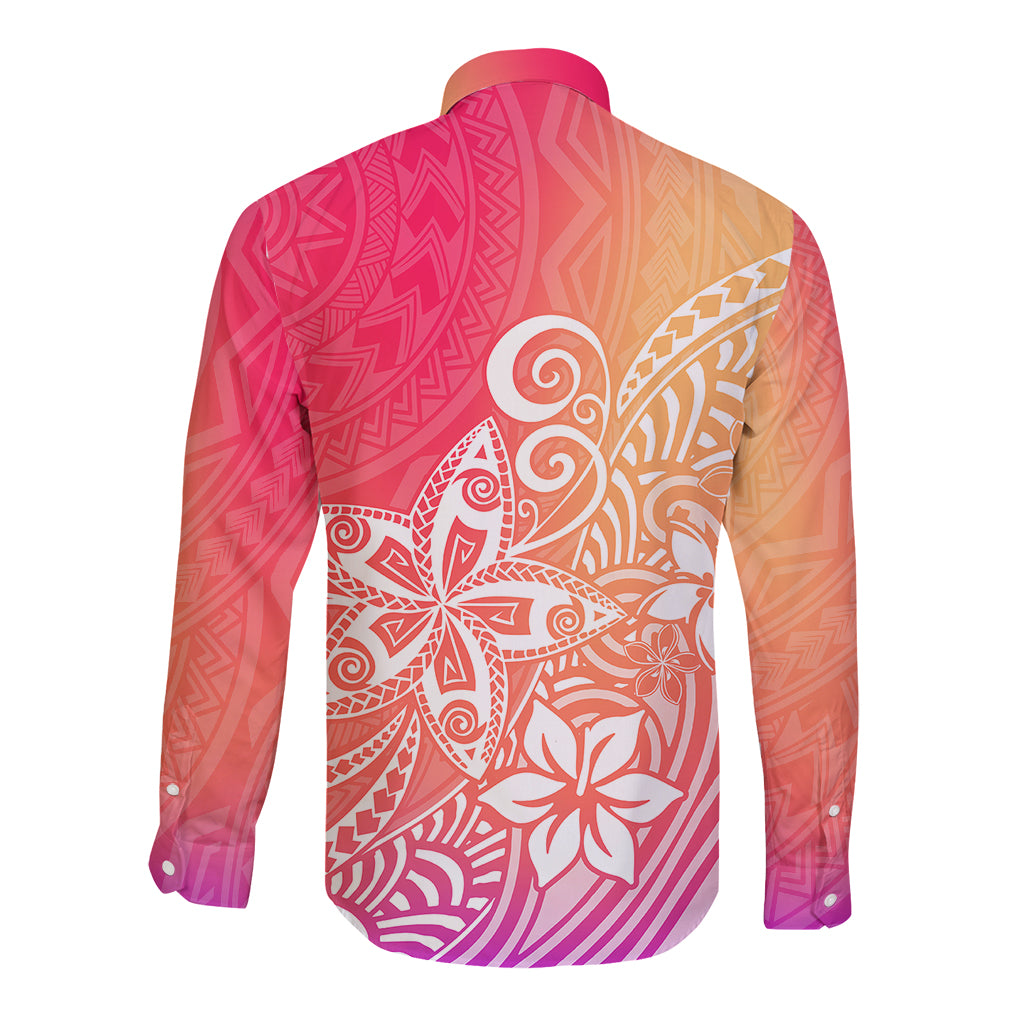 Polynesia Long Sleeve Button Shirt Plumeria Pink Gradient Curves LT7 - Polynesian Pride