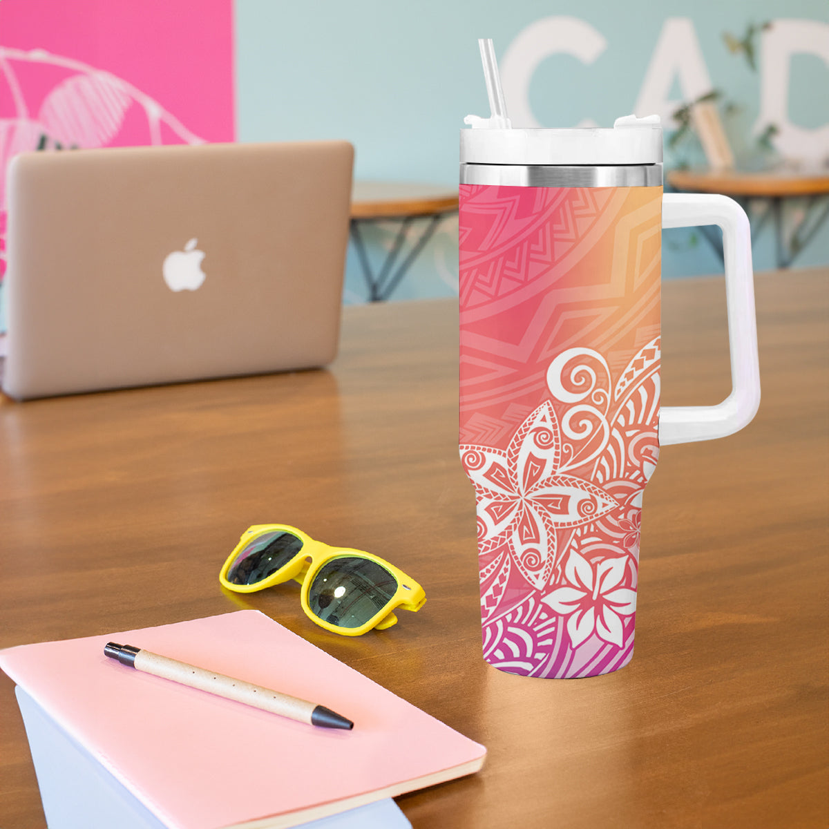 Polynesia Tumbler With Handle Plumeria Pink Gradient Curves