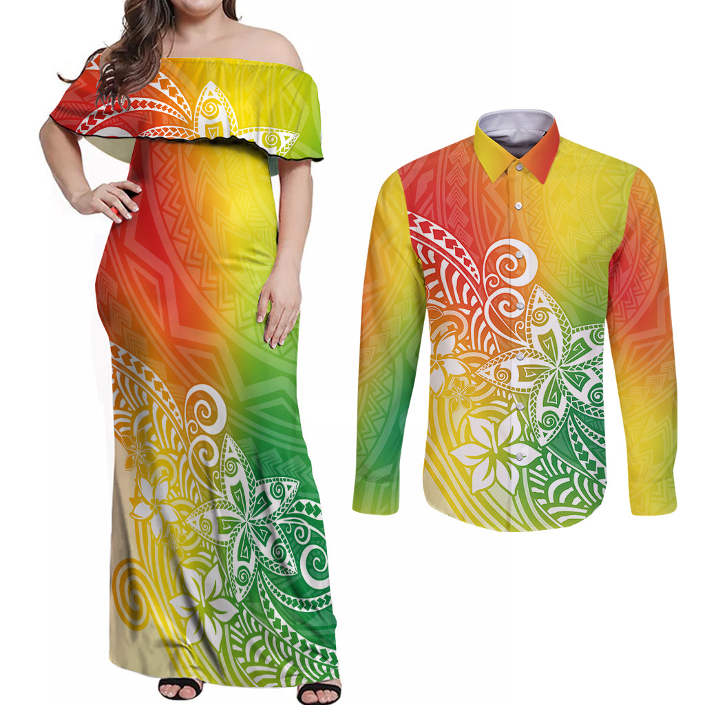 Polynesia Couples Matching Off Shoulder Maxi Dress and Long Sleeve Button Shirts Plumeria Reggae Curves LT7 Reggae - Polynesian Pride