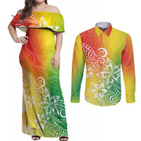 Polynesia Couples Matching Off Shoulder Maxi Dress and Long Sleeve Button Shirts Plumeria Reggae Curves LT7 Reggae - Polynesian Pride