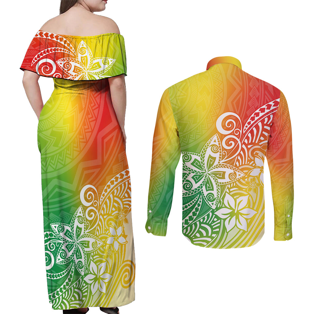 Polynesia Couples Matching Off Shoulder Maxi Dress and Long Sleeve Button Shirts Plumeria Reggae Curves LT7 - Polynesian Pride