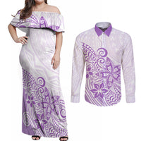 Polynesia Couples Matching Off Shoulder Maxi Dress and Long Sleeve Button Shirts Plumeria Lavender Curves LT7 Purple - Polynesian Pride