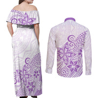 Polynesia Couples Matching Off Shoulder Maxi Dress and Long Sleeve Button Shirts Plumeria Lavender Curves LT7 - Polynesian Pride