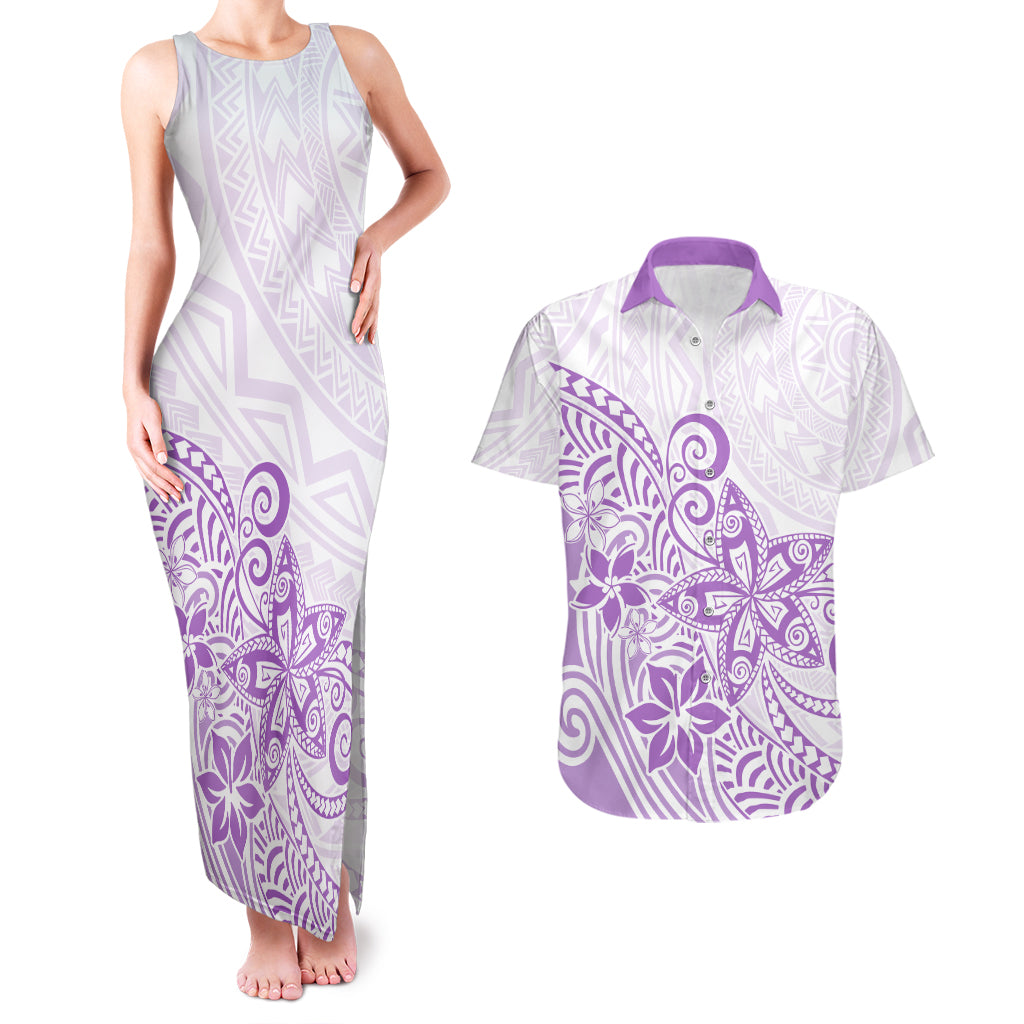 Polynesia Couples Matching Tank Maxi Dress and Hawaiian Shirt Plumeria Lavender Curves LT7 Purple - Polynesian Pride
