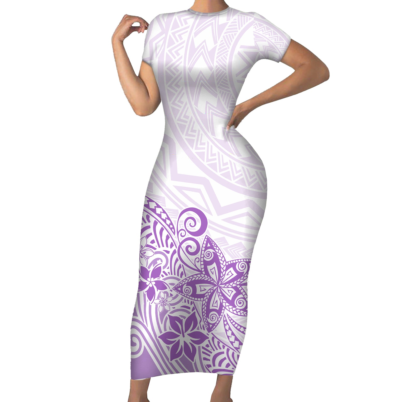 Polynesia Short Sleeve Bodycon Dress Plumeria Lavender Curves LT7 Long Dress Purple - Polynesian Pride