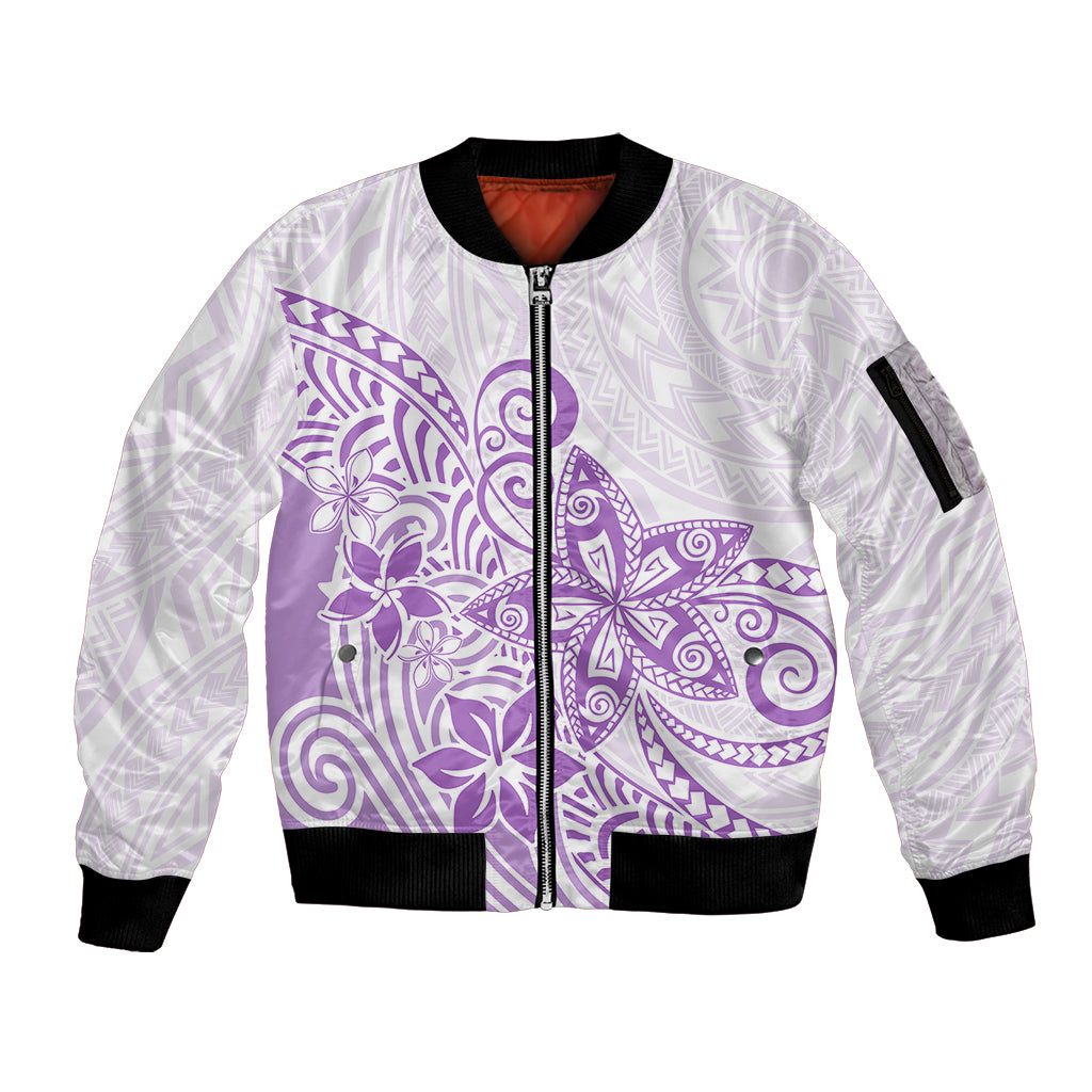 Polynesia Sleeve Zip Bomber Jacket Plumeria Lavender Curves LT7 Unisex Purple - Polynesian Pride