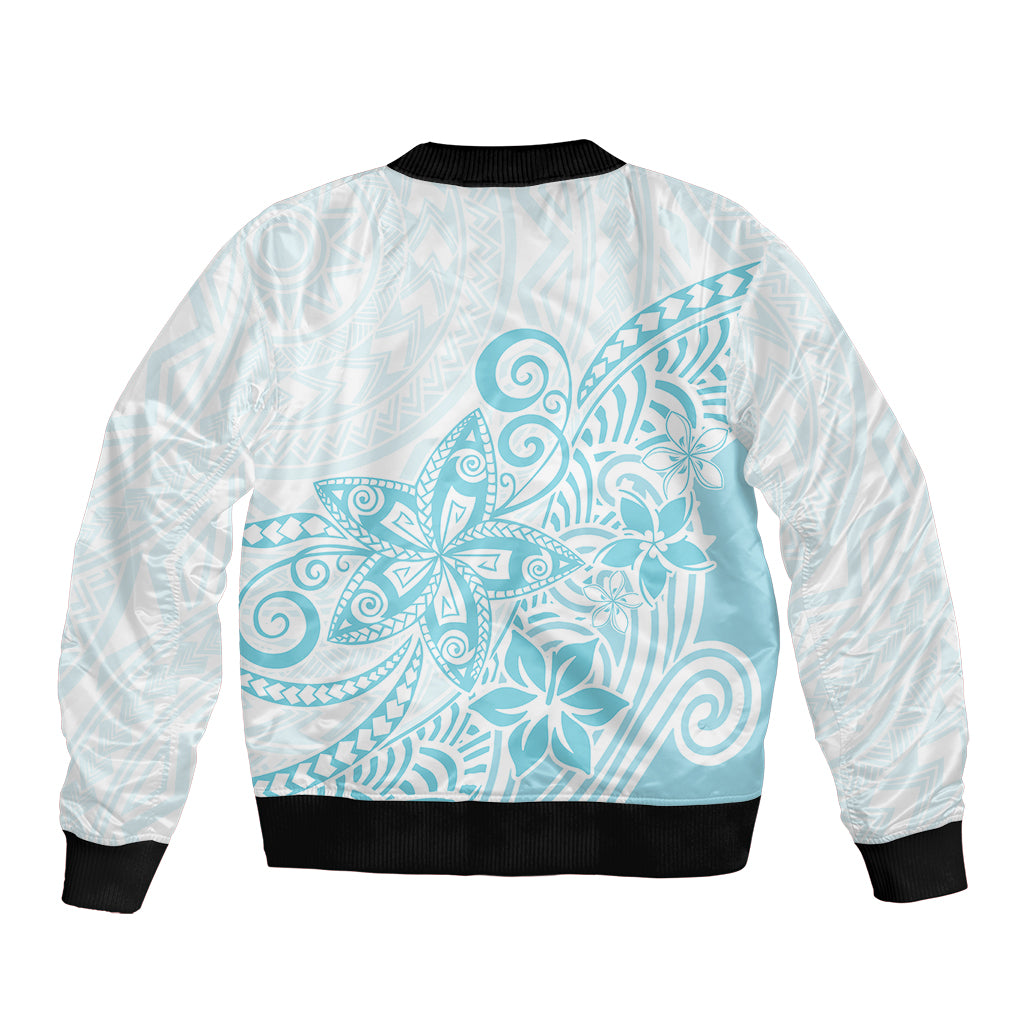Polynesia Sleeve Zip Bomber Jacket Plumeria Turquoise Curves LT7 - Polynesian Pride