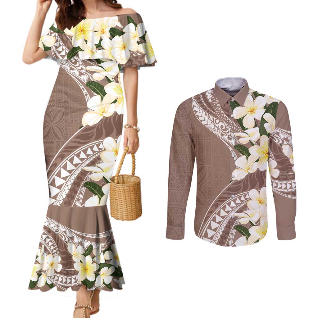 Aloha Hawaii Festive Couples Matching Mermaid Dress and Long Sleeve Button Shirt Frangipani Lace Classic - Beige