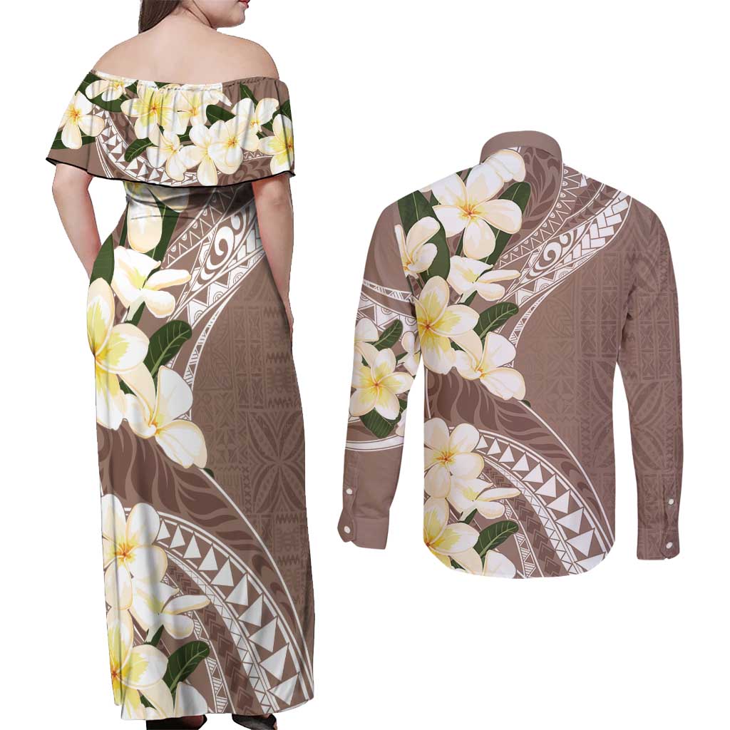 Aloha Hawaii Festive Couples Matching Off Shoulder Maxi Dress and Long Sleeve Button Shirt Frangipani Lace Classic - Beige