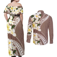Aloha Hawaii Festive Couples Matching Off Shoulder Maxi Dress and Long Sleeve Button Shirt Frangipani Lace Classic - Beige