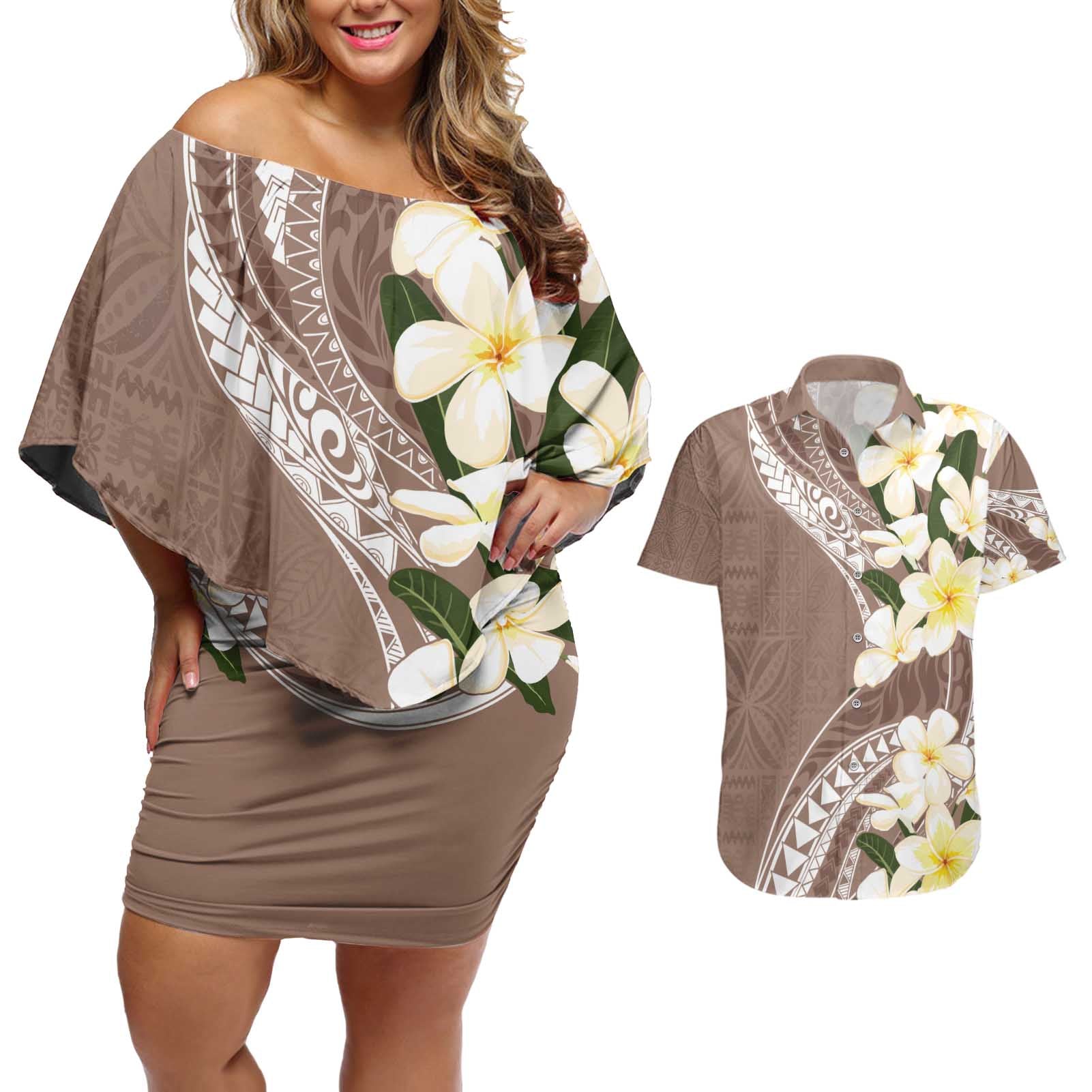 Aloha Hawaii Festive Couples Matching Off Shoulder Short Dress and Hawaiian Shirt Frangipani Lace Classic - Beige