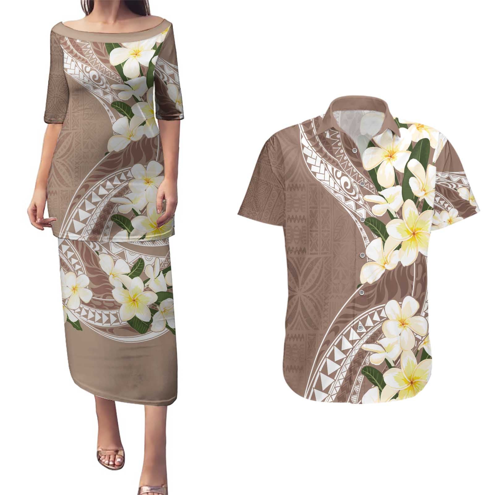 Aloha Hawaii Festive Couples Matching Puletasi and Hawaiian Shirt Frangipani Lace Classic - Beige