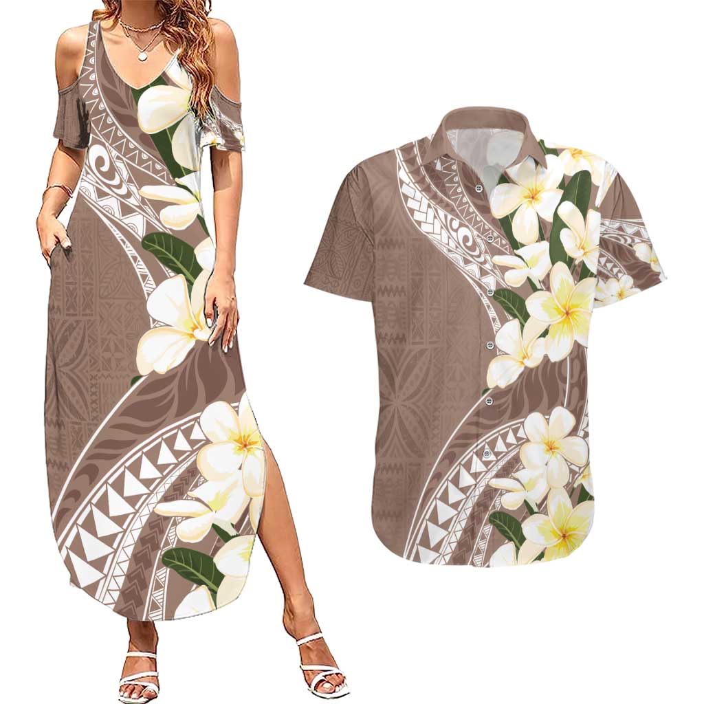 Aloha Hawaii Festive Couples Matching Summer Maxi Dress and Hawaiian Shirt Frangipani Lace Classic - Beige