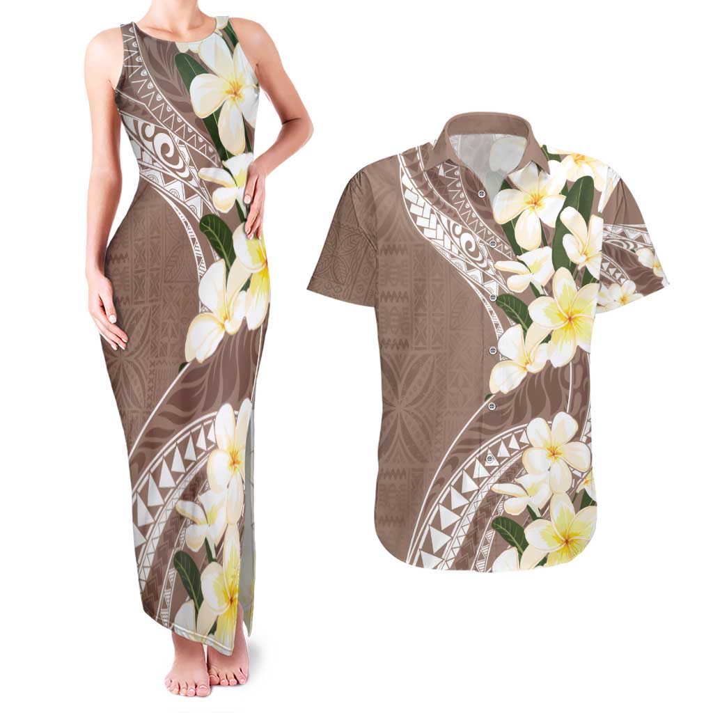 Aloha Hawaii Festive Couples Matching Tank Maxi Dress and Hawaiian Shirt Frangipani Lace Classic - Beige