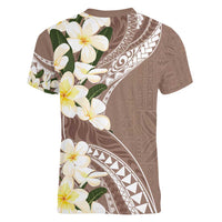 Aloha Hawaii Festive Women V-Neck T-Shirt Frangipani Lace Classic - Beige