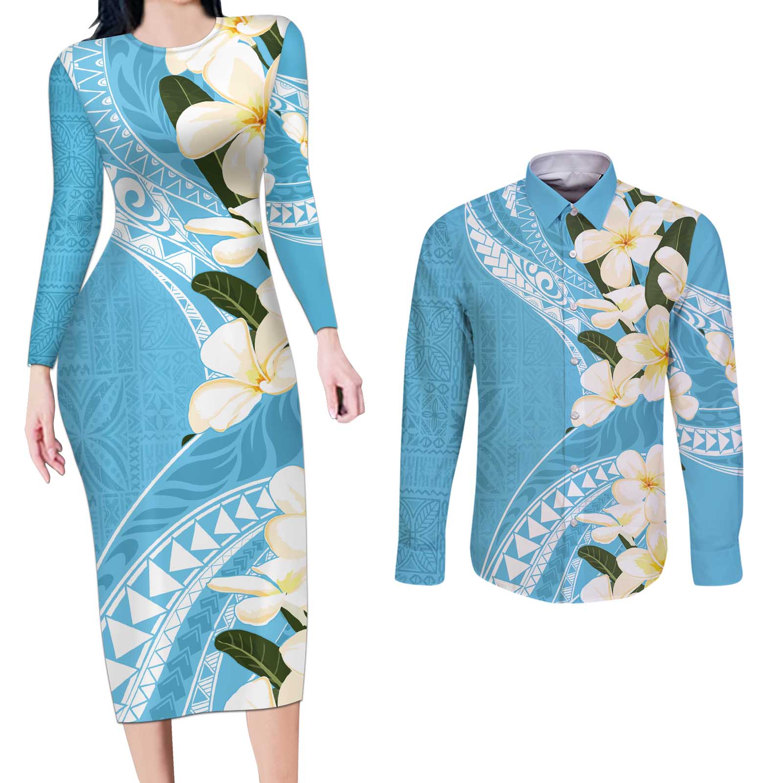 Aloha Hawaii Festive Couples Matching Long Sleeve Bodycon Dress and Long Sleeve Button Shirt Frangipani Lace Classic - Turquoise
