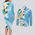 Aloha Hawaii Festive Couples Matching Long Sleeve Bodycon Dress and Long Sleeve Button Shirt Frangipani Lace Classic - Turquoise