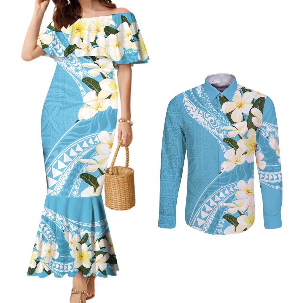 Aloha Hawaii Festive Couples Matching Mermaid Dress and Long Sleeve Button Shirt Frangipani Lace Classic - Turquoise
