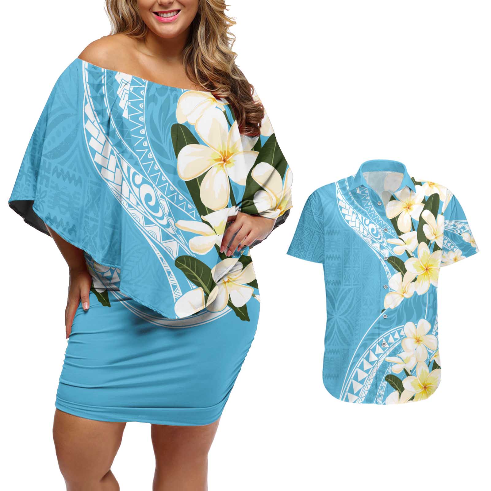 Aloha Hawaii Festive Couples Matching Off Shoulder Short Dress and Hawaiian Shirt Frangipani Lace Classic - Turquoise