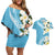 Aloha Hawaii Festive Couples Matching Off Shoulder Short Dress and Hawaiian Shirt Frangipani Lace Classic - Turquoise