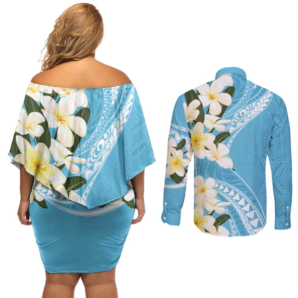 Aloha Hawaii Festive Couples Matching Off Shoulder Short Dress and Long Sleeve Button Shirt Frangipani Lace Classic - Turquoise