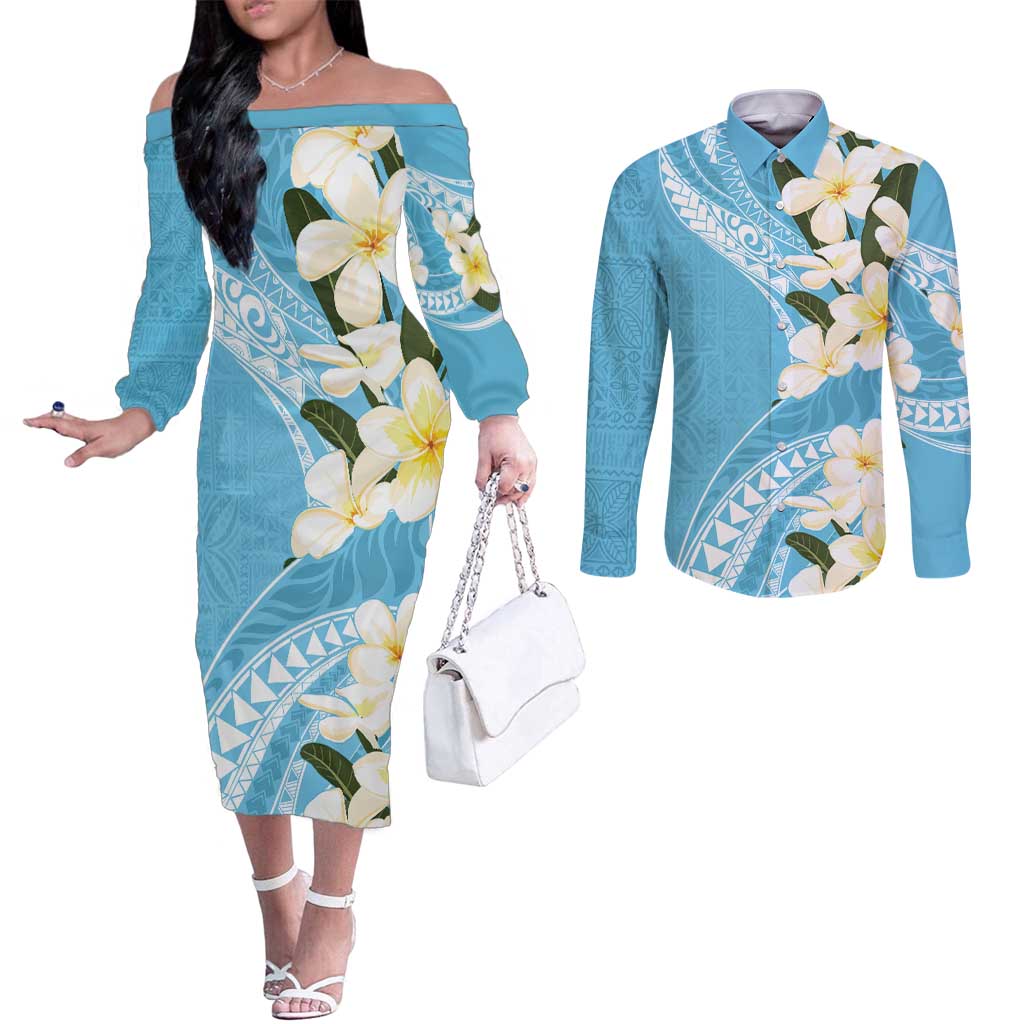 Aloha Hawaii Festive Couples Matching Off The Shoulder Long Sleeve Dress and Long Sleeve Button Shirt Frangipani Lace Classic - Turquoise