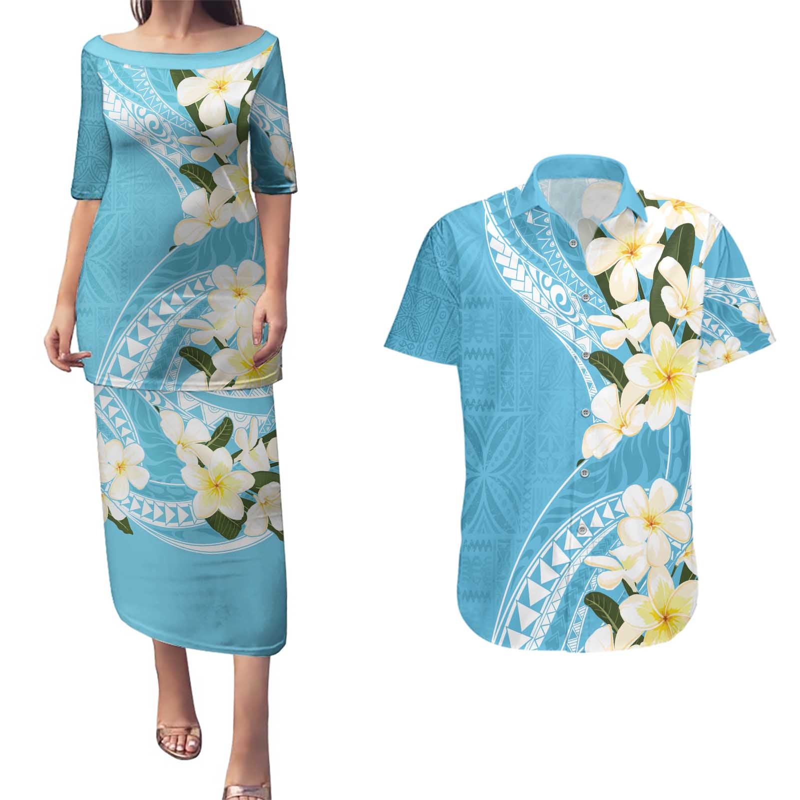 Aloha Hawaii Festive Couples Matching Puletasi and Hawaiian Shirt Frangipani Lace Classic - Turquoise