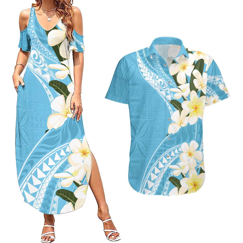 Aloha Hawaii Festive Couples Matching Summer Maxi Dress and Hawaiian Shirt Frangipani Lace Classic - Turquoise