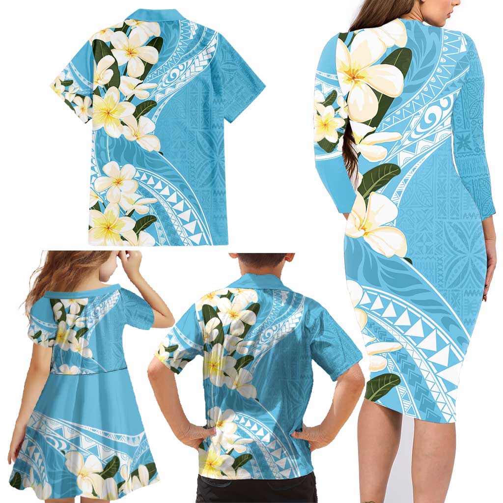 Aloha Hawaii Festive Family Matching Long Sleeve Bodycon Dress and Hawaiian Shirt Frangipani Lace Classic - Turquoise