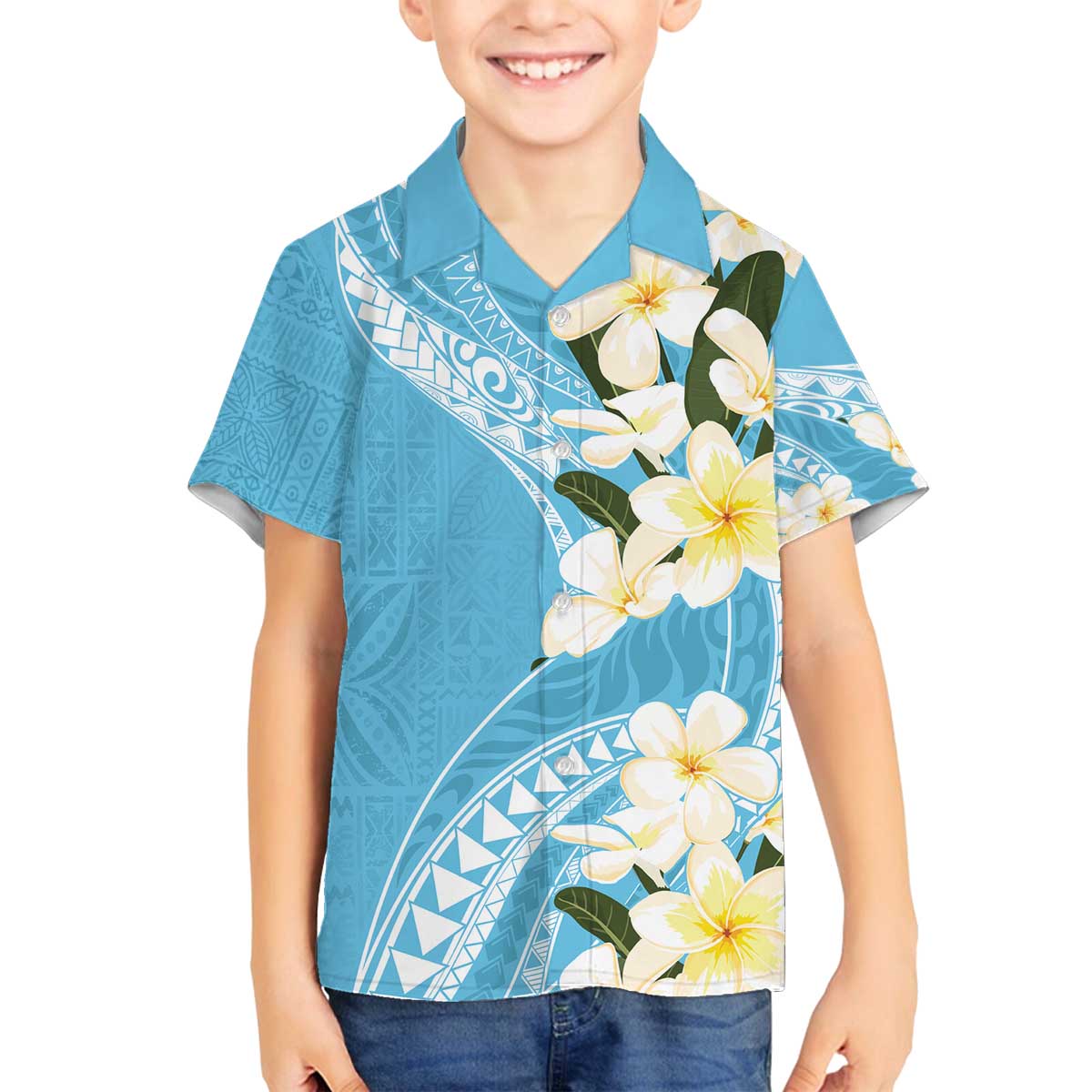 Aloha Hawaii Festive Family Matching Off Shoulder Short Dress and Hawaiian Shirt Frangipani Lace Classic - Turquoise LT7 Son's Shirt Turquoise - Polynesian Pride