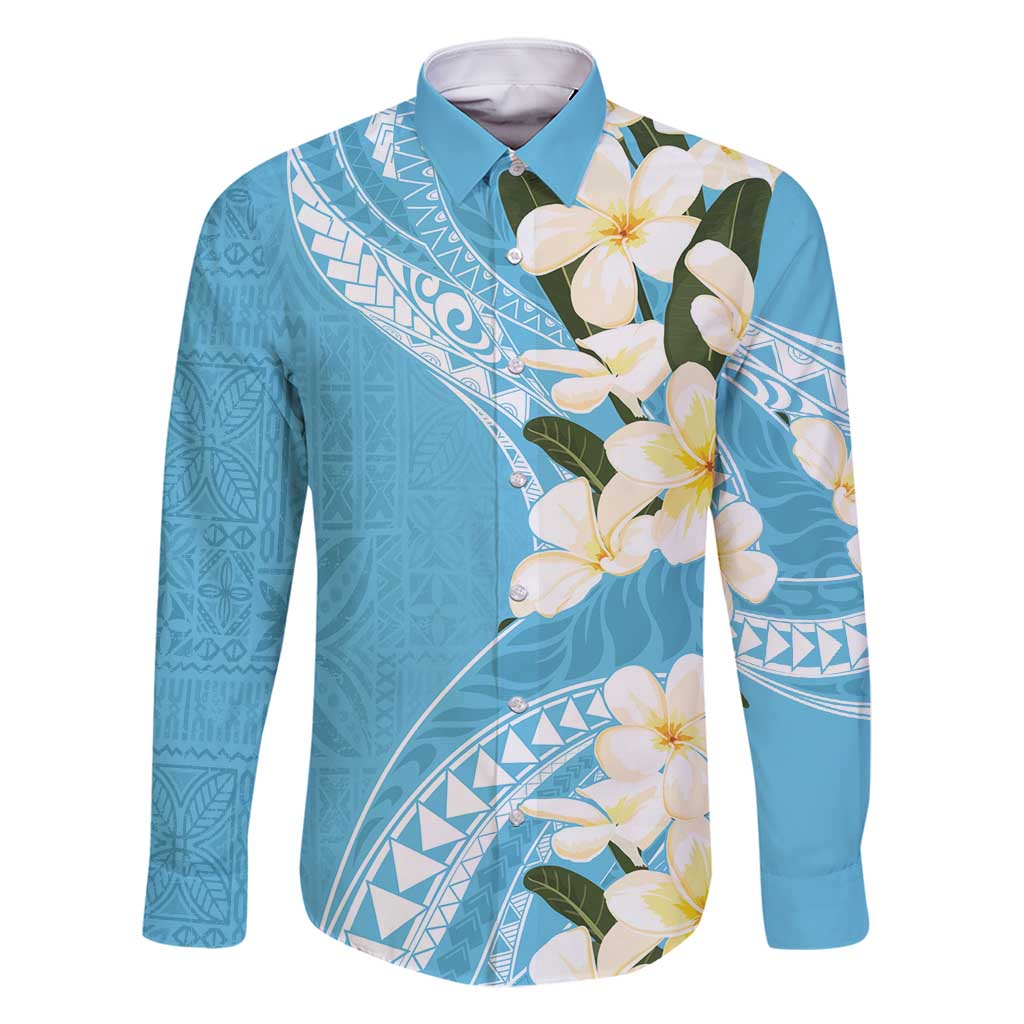 Aloha Hawaii Festive Family Matching Tank Maxi Dress and Hawaiian Shirt Frangipani Lace Classic - Turquoise LT7 Dad's Shirt - Long Sleeve Turquoise - Polynesian Pride
