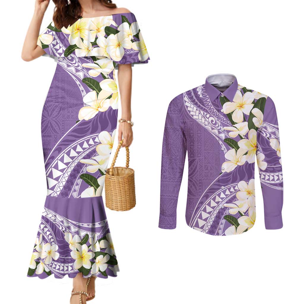 Aloha Hawaii Festive Couples Matching Mermaid Dress and Long Sleeve Button Shirt Frangipani Lace Classic - Lavender