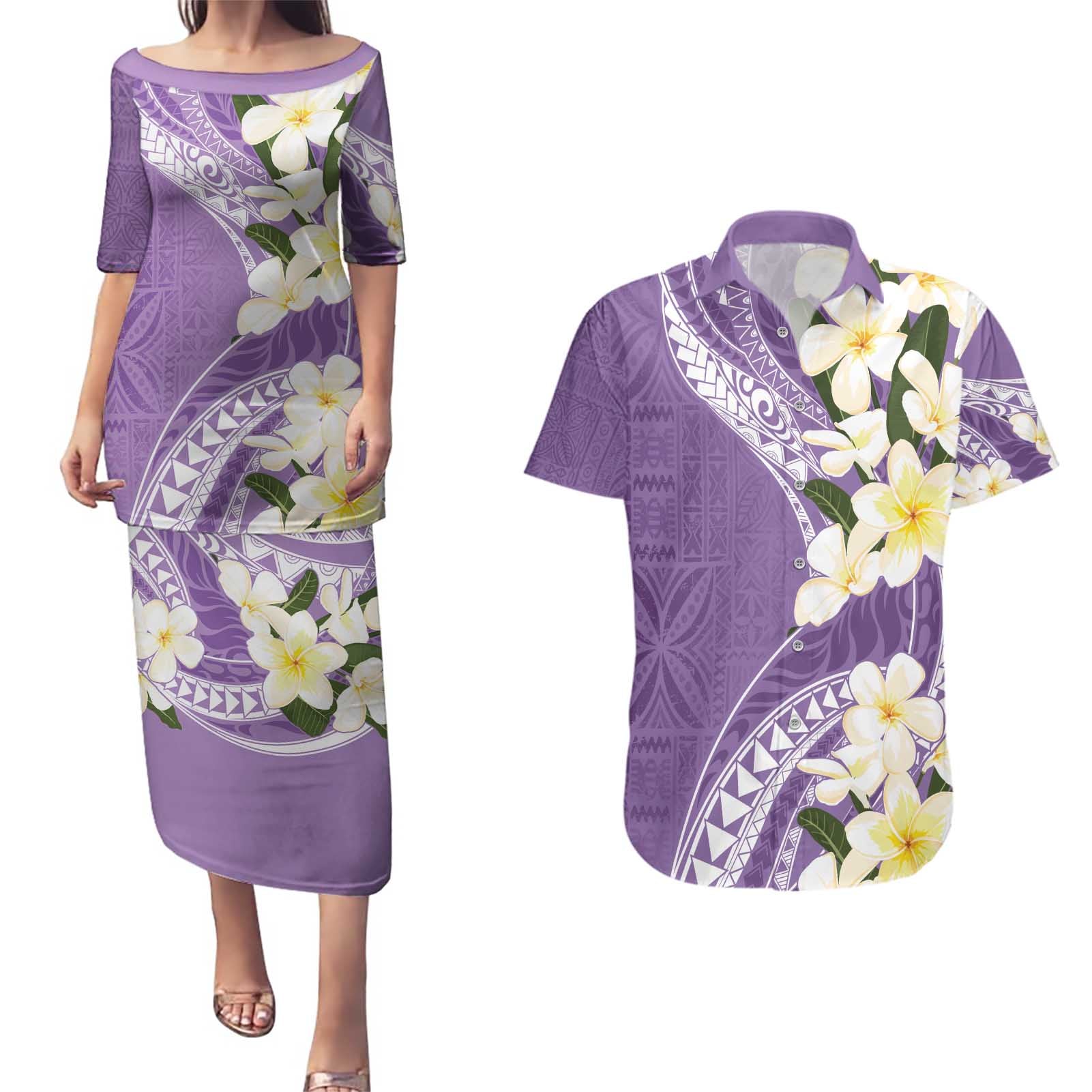 Aloha Hawaii Festive Couples Matching Puletasi and Hawaiian Shirt Frangipani Lace Classic - Lavender
