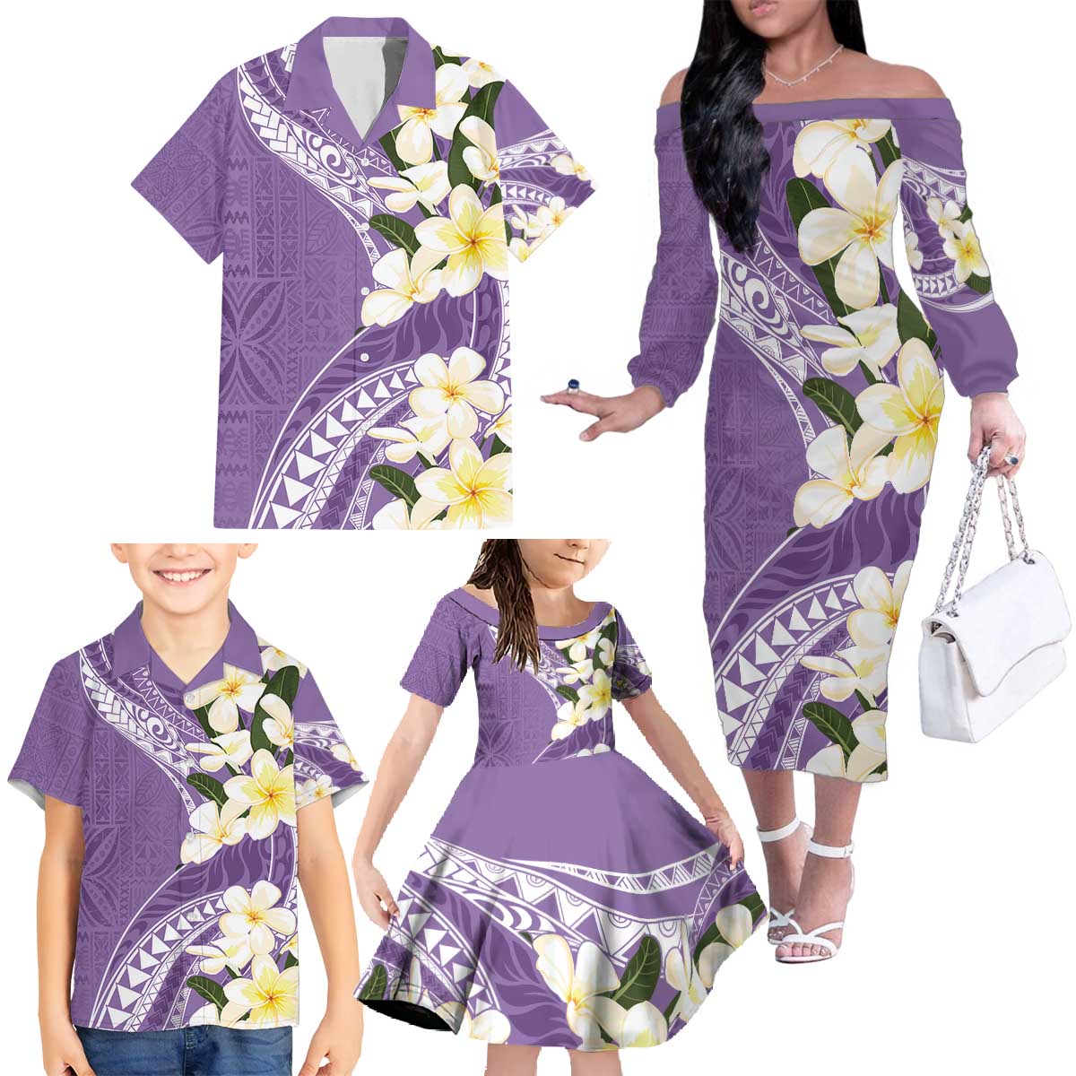 Aloha Hawaii Festive Family Matching Off The Shoulder Long Sleeve Dress and Hawaiian Shirt Frangipani Lace Classic - Lavender LT7 - Polynesian Pride